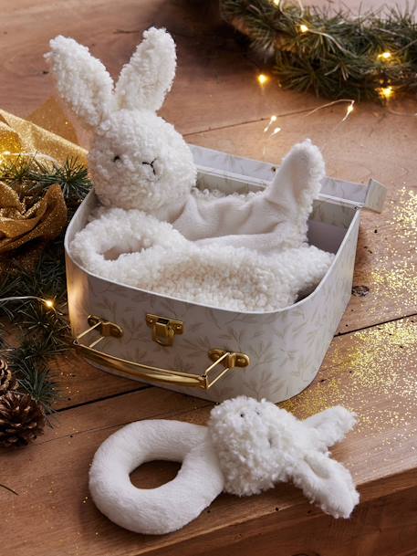Doudou lapin et hochet en sherpa personnalisable avec mallette blanc - vertbaudet enfant 