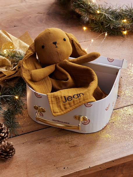Doudou en gaze de coton personnalisable et sa valisette bleu+ocre+rose - vertbaudet enfant 