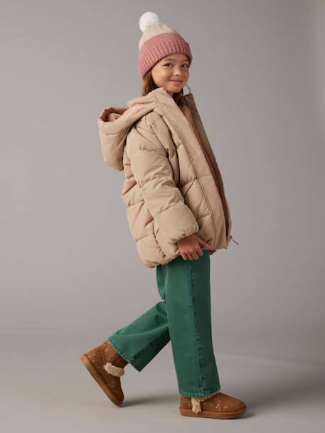 Doudoune mi longue garnissage plume et duvet fille moufles amovibles cappuccino - vertbaudet enfant 