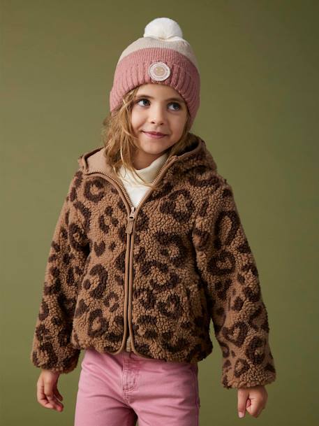 Vest met luipaardprint en capuchon van sherpa meisje bruin, bedrukt+ecru - vertbaudet enfant 