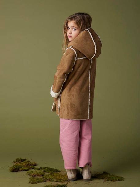Manteau fille à capuche peau lainée réversible marron - vertbaudet enfant 