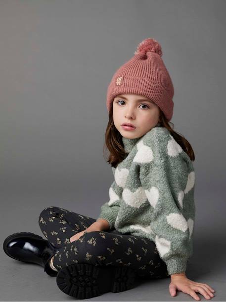 Pull fille col roulé maille mousseuse maxi motifs rose+vert de gris - vertbaudet enfant 