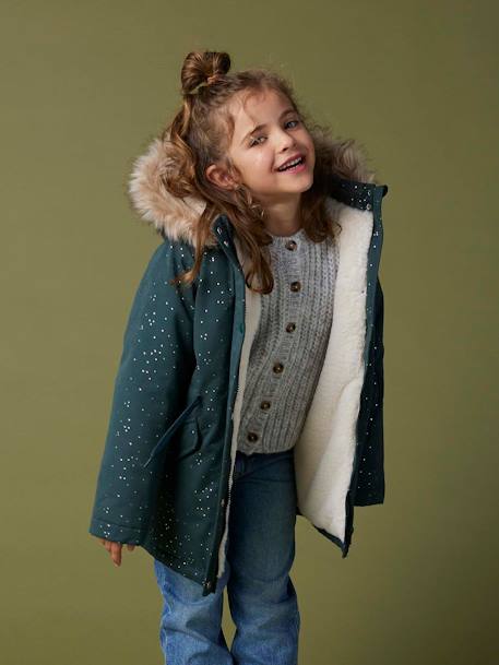 Fille-Manteau, veste-Manteau, parka, blouson-Parka à paillettes glitter fille doublée fausse fourrure