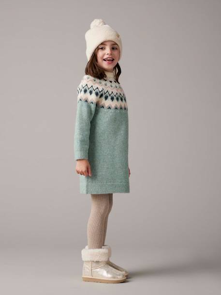 Robe jacquard en tricot fille rose poudré+vert de gris - vertbaudet enfant 