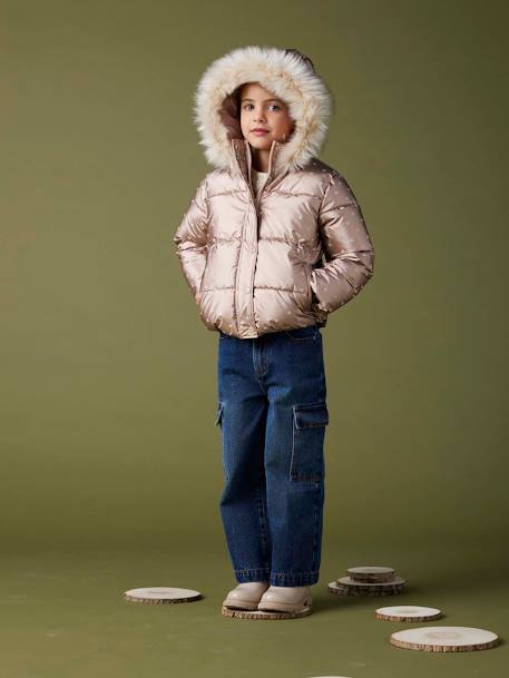 Donsjack met capuchon voor meisjes met fleece voering antraciet+goud+roze (poederkleur)+roze, bedrukt - vertbaudet enfant 