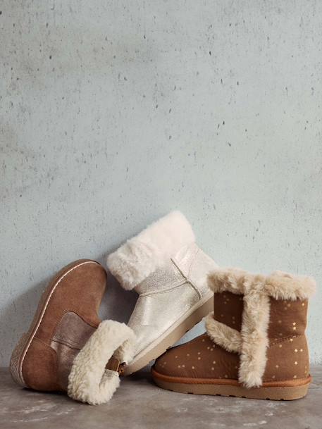 Boots enfant fille déperlantes synthétique fourrées zippées beige doré+marron - vertbaudet enfant 