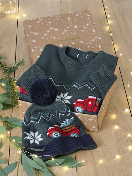 Coffret Noël pull jacquard et bonnet à pompon garçon vert sapin - vertbaudet enfant 