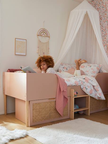 Lit enfant surélevé avec rangements cannage LIGNE POÉSIE rose nude - vertbaudet enfant 