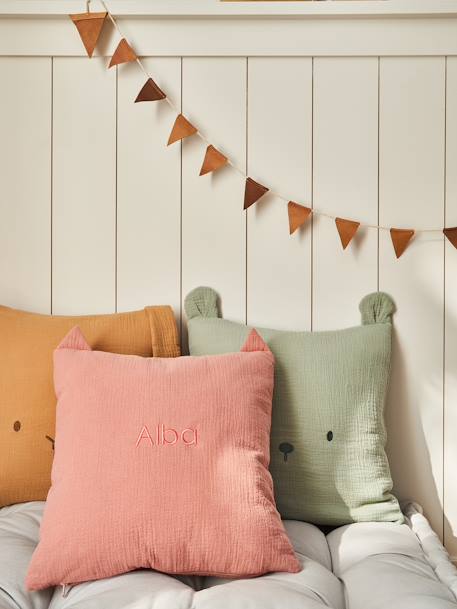Coussin animal en gaze de coton personnalisable cannelle+rose+vert sauge - vertbaudet enfant 