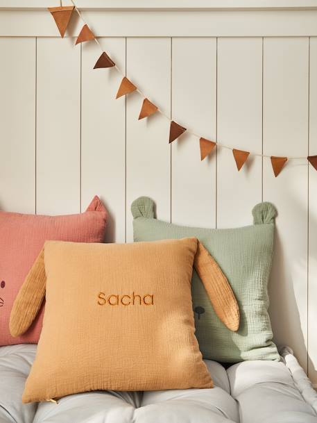 Coussin animal en gaze de coton personnalisable cannelle+rose+vert sauge - vertbaudet enfant 