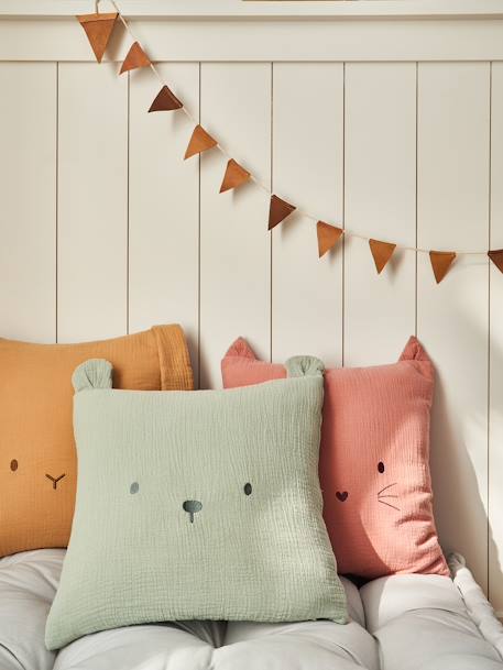 Coussin animal en gaze de coton personnalisable cannelle+rose+vert sauge - vertbaudet enfant 