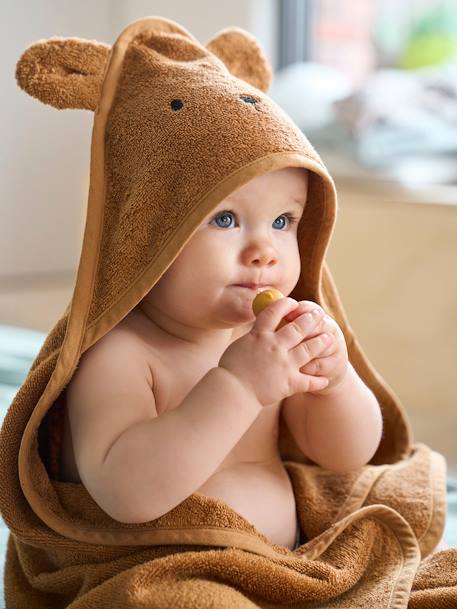 Badcape + washandje van biologisch katoen amandel+antraciet+karamel+oceaanblauw+rozen+Wit - vertbaudet enfant 