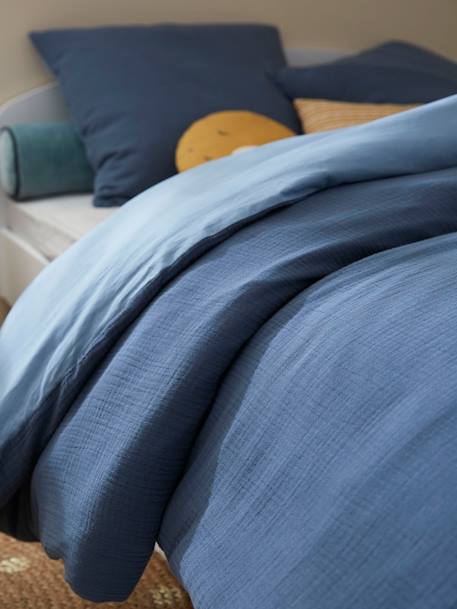 Parure housse de couette enfant et taie d'oreiller en gaze de coton bleu+rose+vert émeraude - vertbaudet enfant 