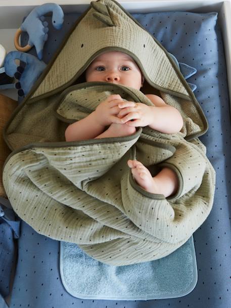 Baby-badcape in katoengaas  + washandje KLEINE DINO groen - vertbaudet enfant 