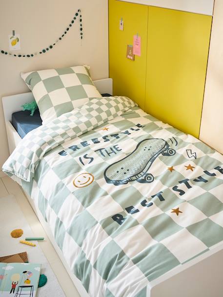 Parure housse de couette enfant et taie d'oreiller DAMIER FREESTYLE, avec coton recyclé carreaux vert - vertbaudet enfant 