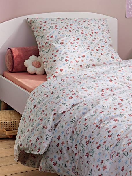Parure housse de couette et taie d'oreiller RAINBOW FLOWERS avec coton recyclé blanc imprimé - vertbaudet enfant 
