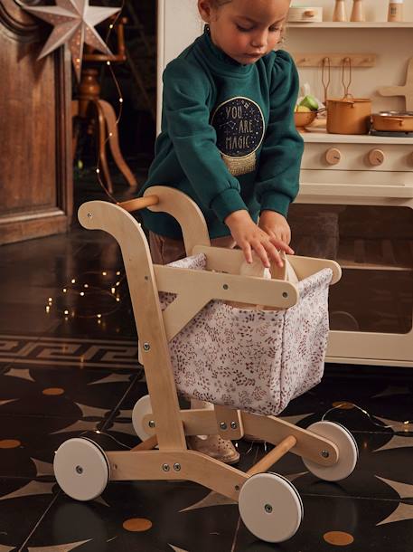Chariot de courses en tissu et bois FSC® BEIGE MOYEN UNI AVEC DECOR - vertbaudet enfant 