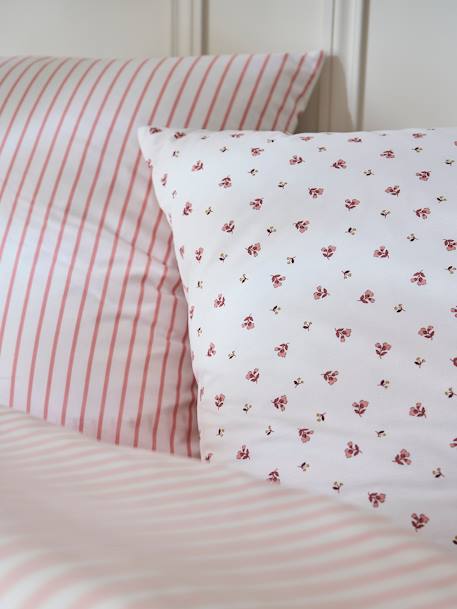 Parure housse de couette et taie d'oreiller réversible FLEURS RAYURES, avec coton recyclé rose imprimé - vertbaudet enfant 