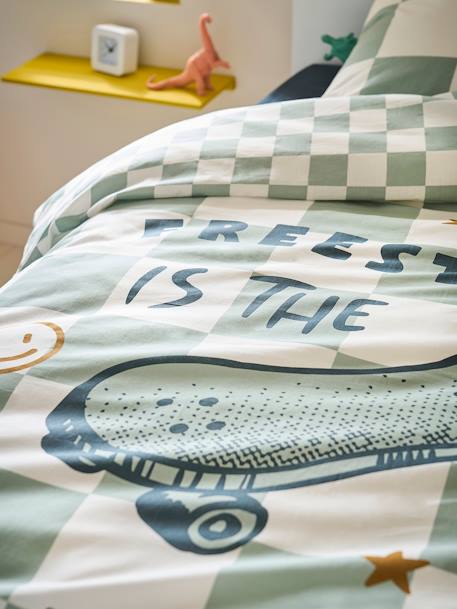 Parure housse de couette enfant et taie d'oreiller DAMIER FREESTYLE, avec coton recyclé carreaux vert - vertbaudet enfant 