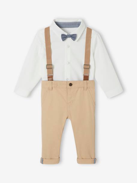 Ensemble 4 pièces bébé chemise + noeud papillon + pantalon + bretelles beige - vertbaudet enfant 
