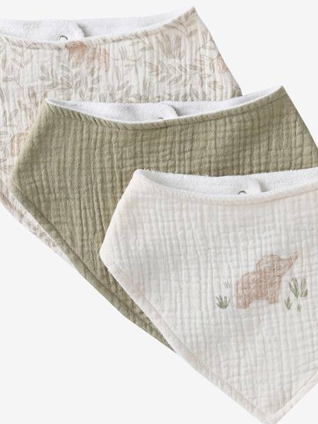 Lot 3 bavoirs bandanas en gaze de coton BLANC+carreaux vert+écru+lot beige+lot renard+lot vert panda+vert sauge - vertbaudet enfant 