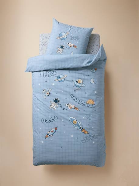 Parure housse de couette + taie d'oreiller enfant INTERGALACTIC, avec coton recyclé bleu imprimé - vertbaudet enfant 