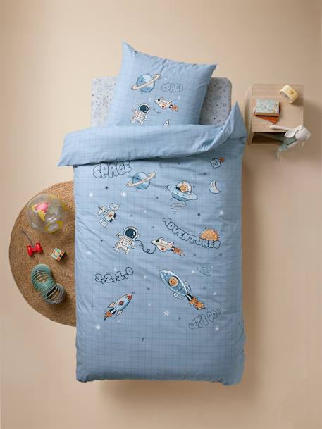 Parure housse de couette + taie d'oreiller enfant INTERGALACTIC, avec coton recyclé bleu imprimé - vertbaudet enfant 