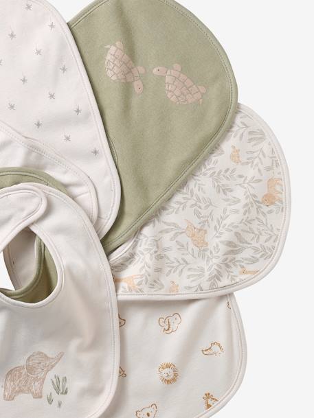 Lot 7 bavoirs naissance en coton bio* beige imprimé+blanc jungle+carreaux vert+Hérisson+multicolore+rose pâle+vert d'eau - vertbaudet enfant 