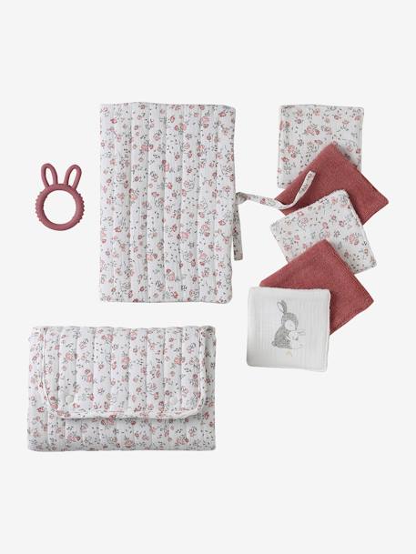 Coffret cadeau naissance 8 pièces : 1 hochet, 1 tapis à langer nomade, 5 lingettes, 1 pochette blanc imprimé+ocre - vertbaudet enfant 
