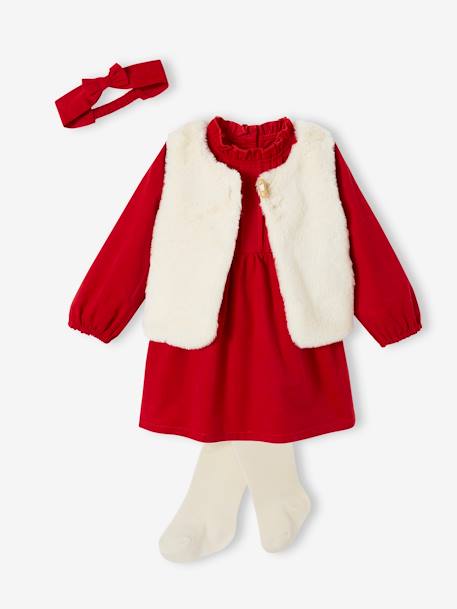 Ensemble de Noël bébé : robe, gilet en fausse fourrure, collants et bandeau assorti rouge - vertbaudet enfant 