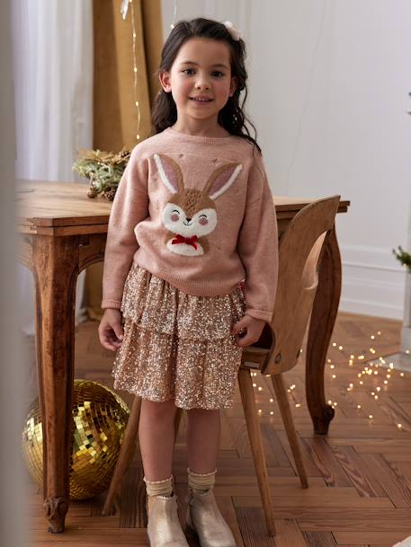 Kerstcadeauverpakking 'Renne' jacquard trui + 2 scrunchies voor meisjes ecru+lichtroze+roze (poederkleur) - vertbaudet enfant 