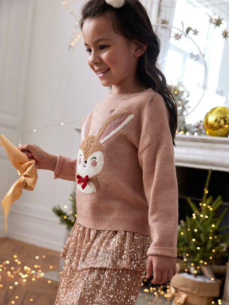 Kerstcadeauverpakking 'Renne' jacquard trui + 2 scrunchies voor meisjes ecru+lichtroze+roze (poederkleur) - vertbaudet enfant 