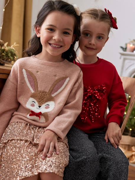 Kerstcadeauverpakking 'Renne' jacquard trui + 2 scrunchies voor meisjes ecru+lichtroze+roze (poederkleur) - vertbaudet enfant 