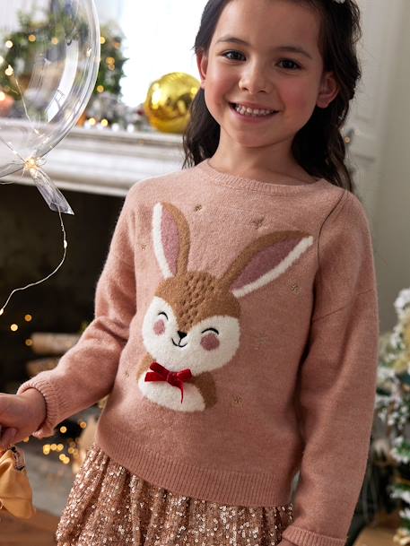 Kerstcadeauverpakking 'Renne' jacquard trui + 2 scrunchies voor meisjes ecru+lichtroze+roze (poederkleur) - vertbaudet enfant 