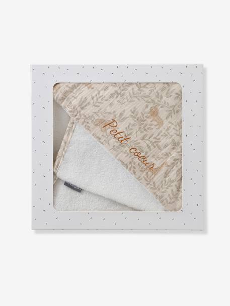 Personaliseerbare badcape met katoengaas + washandje BABYLON beige, bedrukt - vertbaudet enfant 