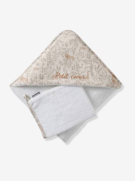 Personaliseerbare badcape met katoengaas + washandje BABYLON beige, bedrukt - vertbaudet enfant 