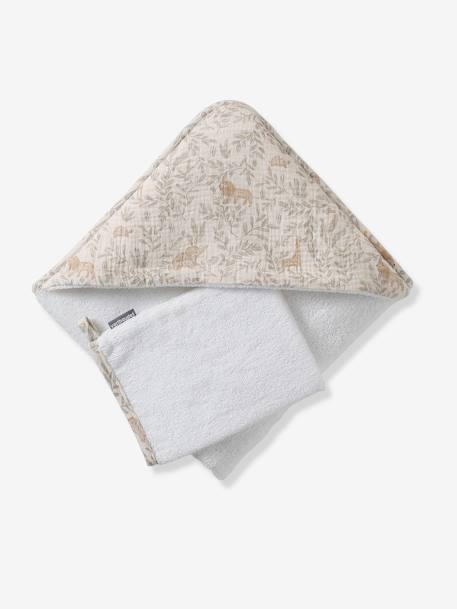 Personaliseerbare badcape met katoengaas + washandje BABYLON beige, bedrukt - vertbaudet enfant 