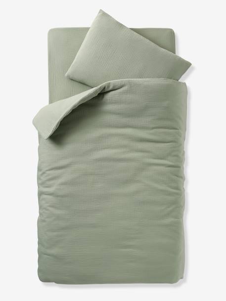 Babyset dekbedovertrek + kussensloop effen in biologisch katoenen gaas* okergeel+saliegroen+vanille - vertbaudet enfant 