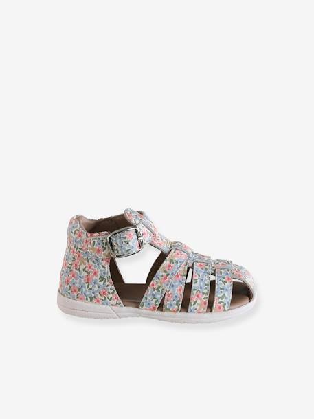 Sandales bébé cuir bout fermé beige irisé+blanc imprimé+fuchsia - vertbaudet enfant 