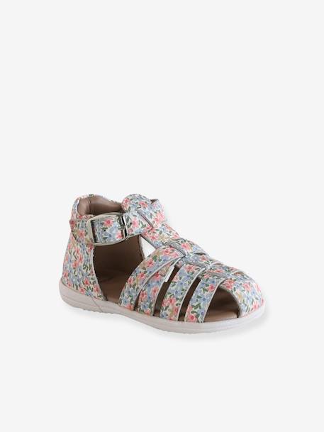 Sandales bébé cuir bout fermé beige irisé+blanc imprimé+fuchsia - vertbaudet enfant 
