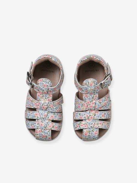 Sandales bébé cuir bout fermé beige irisé+blanc imprimé+fuchsia - vertbaudet enfant 