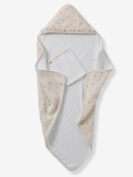 Cape de bain gaze de coton personnalisable + gant de toilette CHERRY beige imprimé - vertbaudet enfant 