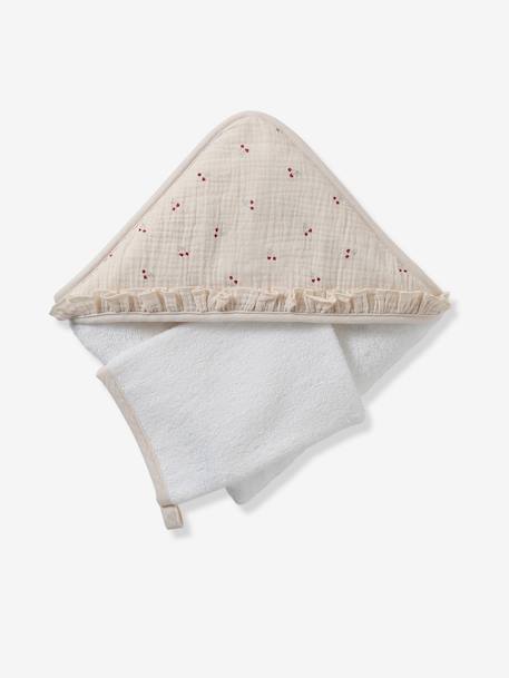 Cape de bain gaze de coton personnalisable + gant de toilette CHERRY beige imprimé - vertbaudet enfant 