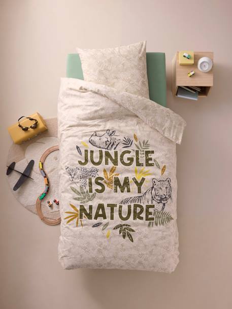Set dekbedovertrek + kussensloop voor kinderen met gerecycled katoen GREEN JUNGLE groen, bedrukt - vertbaudet enfant 