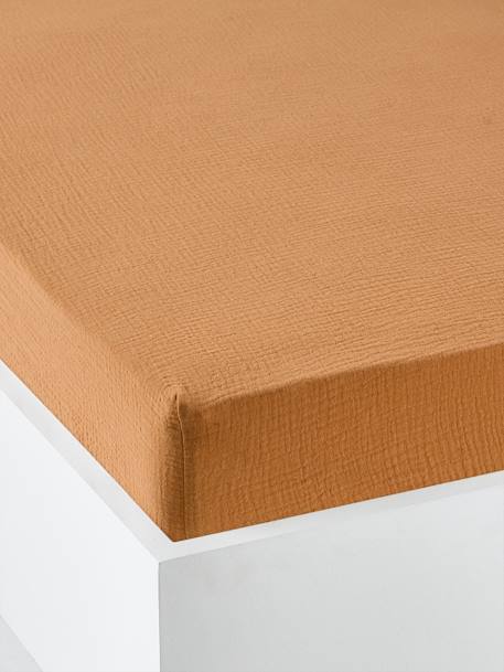 Drap housse bébé uni en gaze de coton Bio* ocre+vanille+vert sauge - vertbaudet enfant 