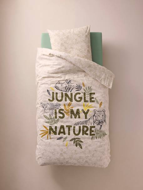 Set dekbedovertrek + kussensloop voor kinderen met gerecycled katoen GREEN JUNGLE groen, bedrukt - vertbaudet enfant 