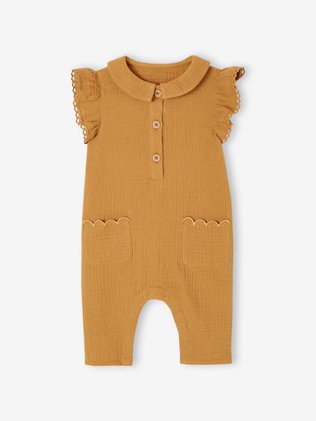 Combinaison bébé fille en gaze de coton manches courtes à volants caramel+vert sauge - vertbaudet enfant 