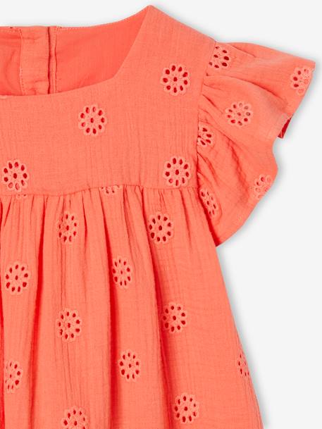 Robe fille gaze de coton brodée fleurs bleu pâle+corail+vanille+vert sauge - vertbaudet enfant 