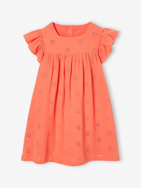 Robe fille gaze de coton brodée fleurs bleu pâle+corail+vanille+vert sauge - vertbaudet enfant 