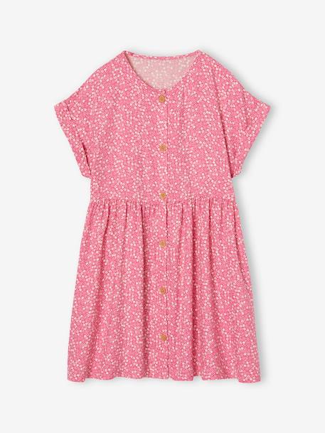 Robe à fleurs boutonnée fille bleu ciel+blush+écru - vertbaudet enfant 
